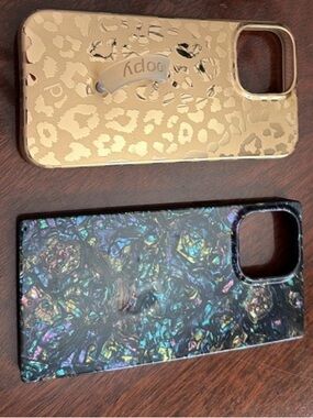 2 iPhone cases for 13 Pro Max. Gold leopard Loopy. Tortoise Flaunt. .